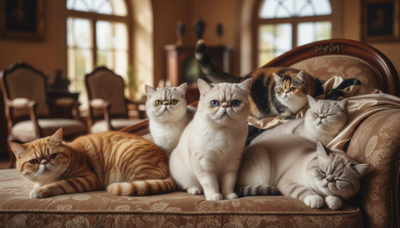 不同毛色和圖案的異國短毛貓展示