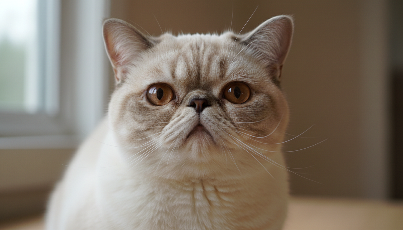 異國短毛貓的典型外觀特徵展示，強調其圓潤的頭部和短毛