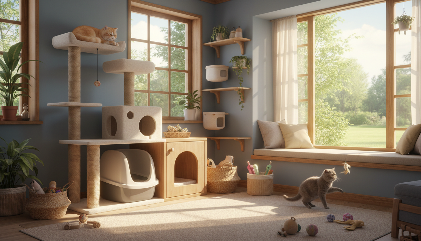 適合異國短毛貓的理想家居環境設置，包含貓爬架、貓砂盆和玩具