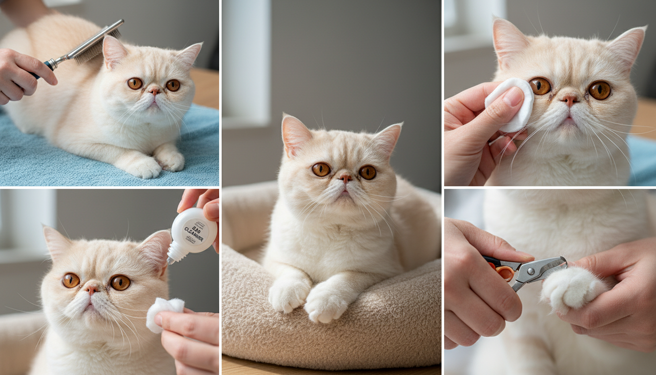 為異國短毛貓進行日常護理的正確方法，如梳毛、清潔眼睛