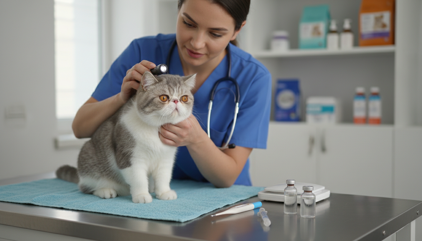 獸醫正在為異國短毛貓進行健康檢查