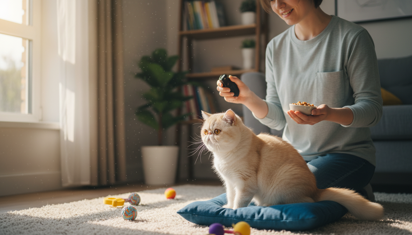 主人使用響片和零食訓練異國短毛貓