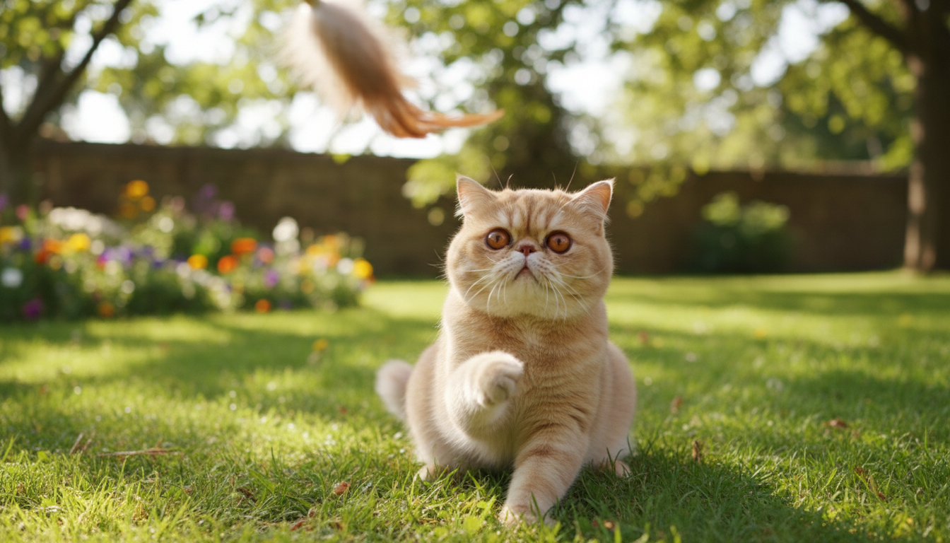 一隻健康快樂的異國短毛貓在陽光下玩耍