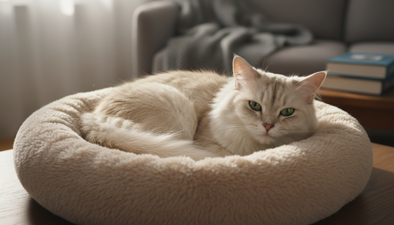 金吉拉貓在舒適的貓窩中休息，展現其安靜的性格