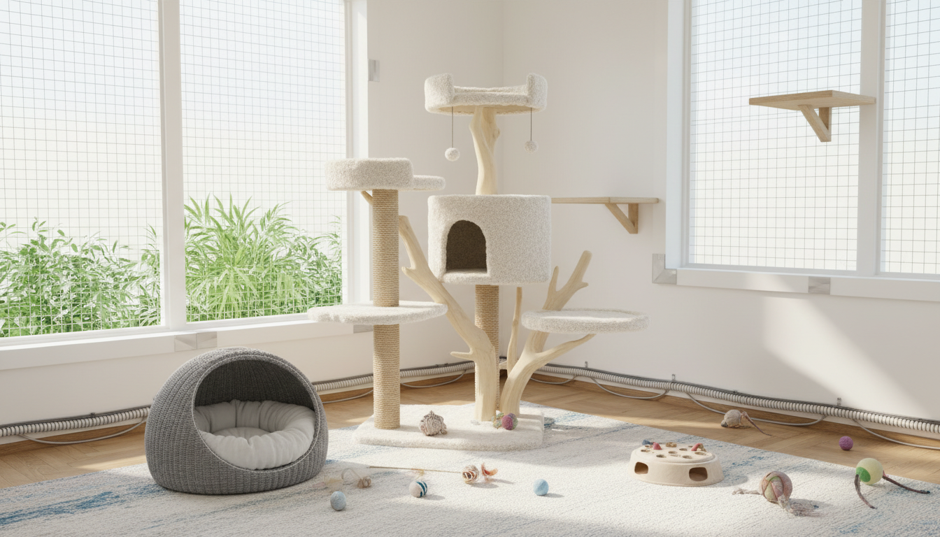 適合金吉拉的理想家居環境設置，包含貓樹、貓窩和安全防護