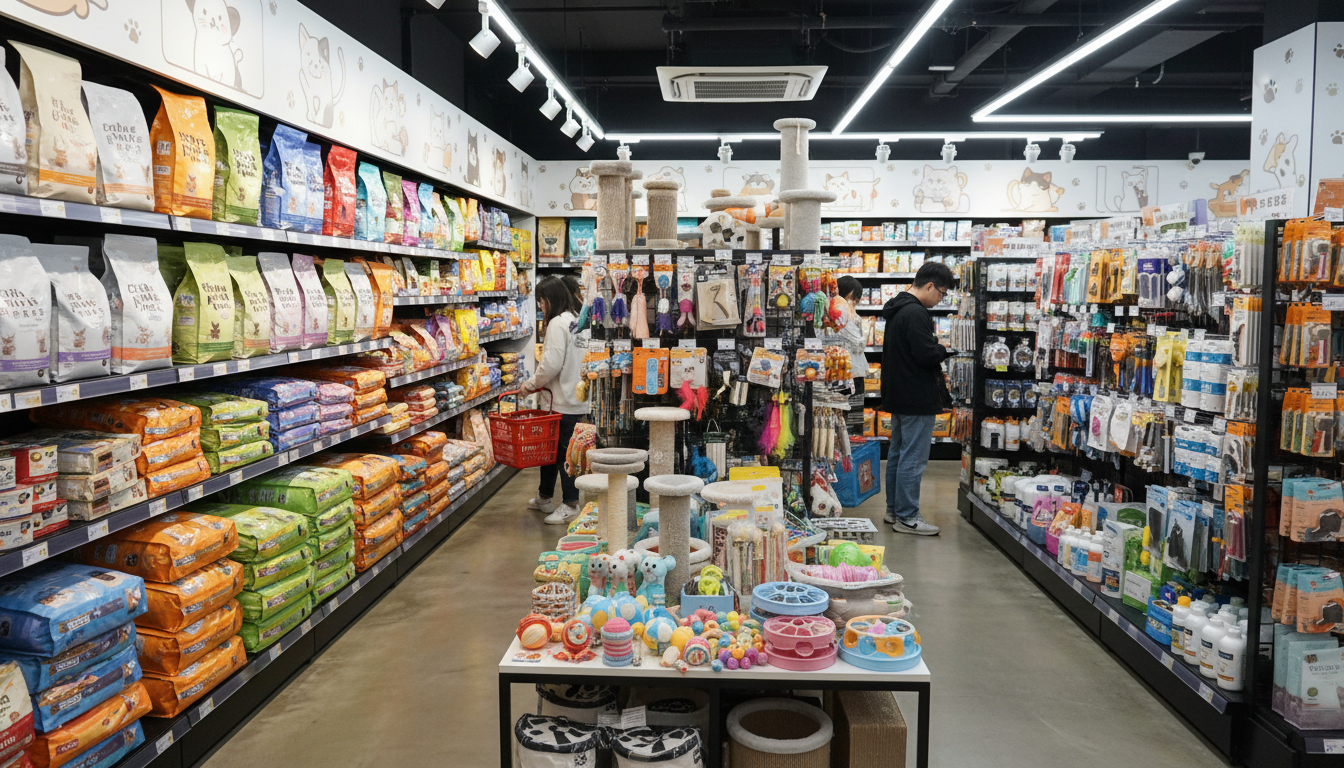 香港寵物用品店內琳瑯滿目的貓咪用品，包括貓糧、玩具和護理工具