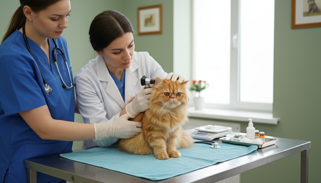 獸醫為金吉拉貓進行健康檢查的場景