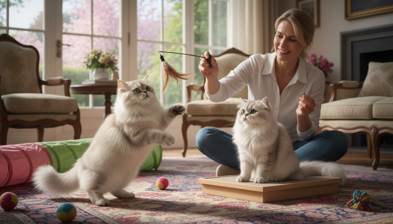 金吉拉貓正在玩耍或被訓練的場景，展示其互動性