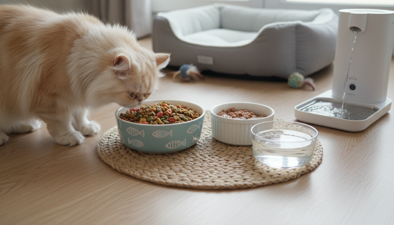 各種貓糧和水碗的擺放，展示金吉拉的飲食環境