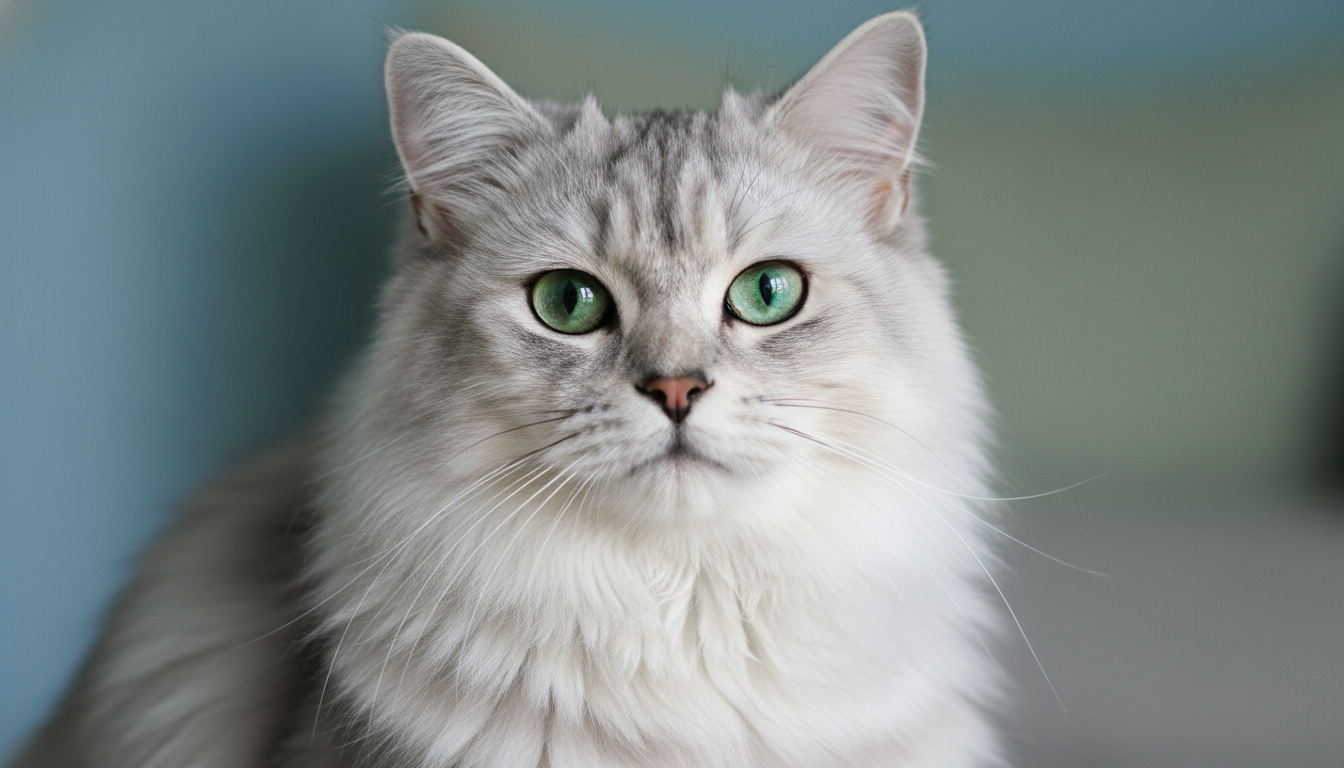 一隻銀色金吉拉貓的近照，展現其獨特的毛色和眼睛