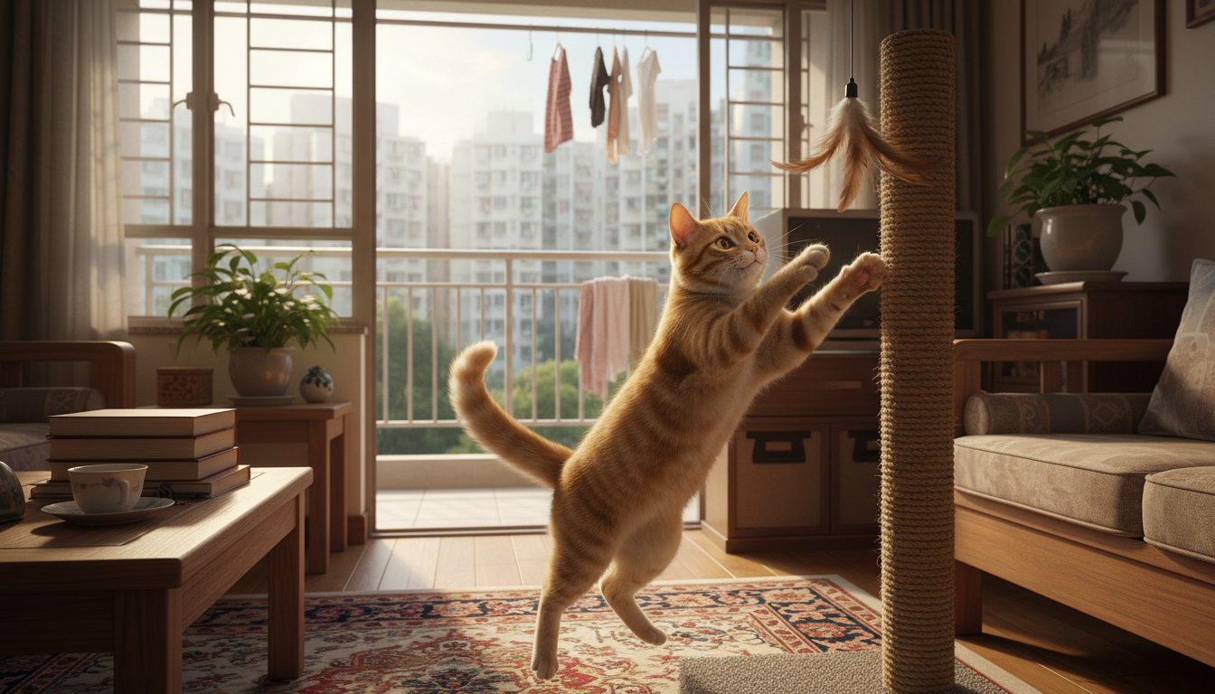 一隻活潑可愛的唐貓在香港家居環境中玩耍