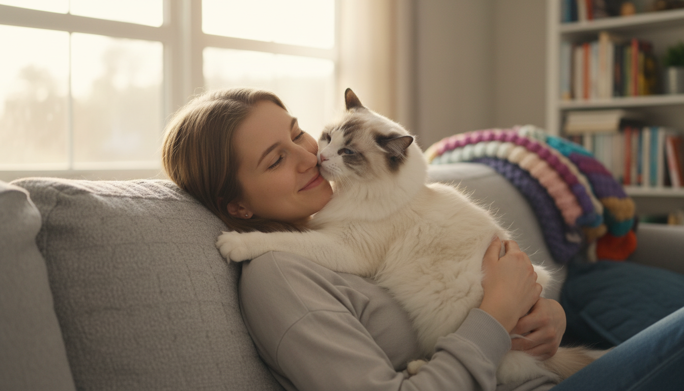 布偶貓與主人親密互動，展示其溫馴親人的性格