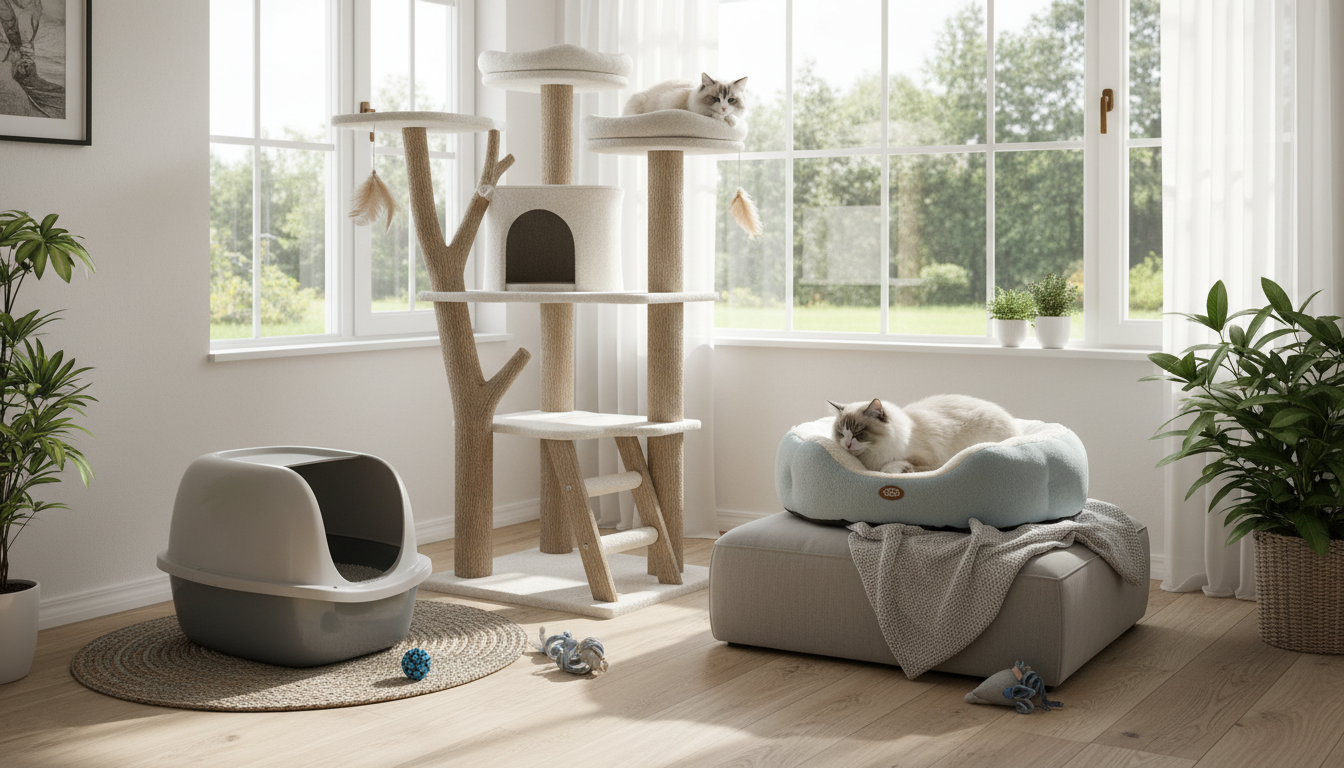 適合布偶貓的理想家居環境設置，包括貓樹、貓砂盆和休息區