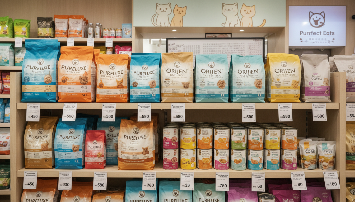 各種高品質貓糧和濕糧的展示，標明香港市場參考價格