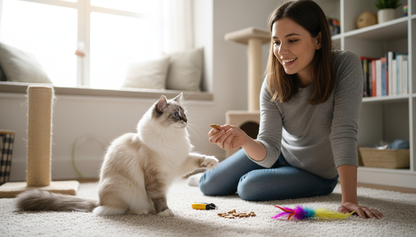 訓練布偶貓進行基本指令或玩耍的場景，展示正向強化訓練