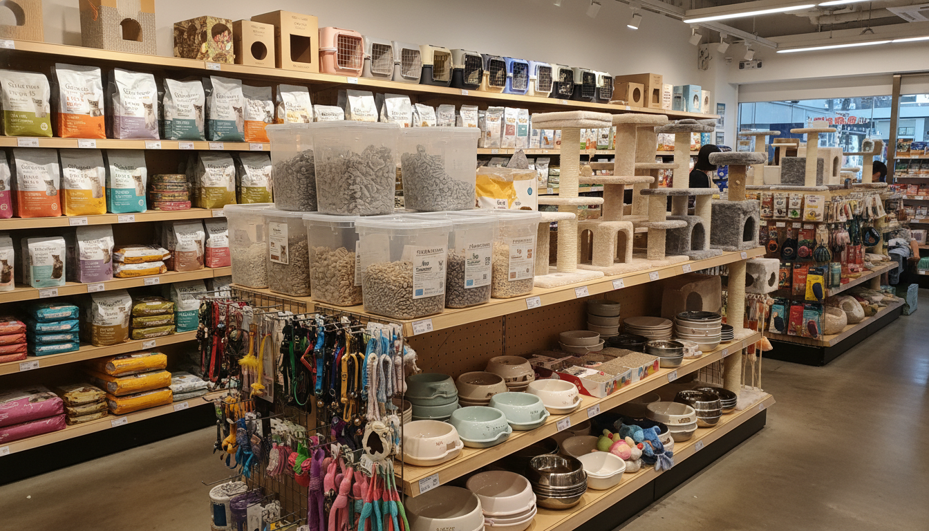 香港寵物用品店內展示的各種貓糧、貓砂和貓咪用品