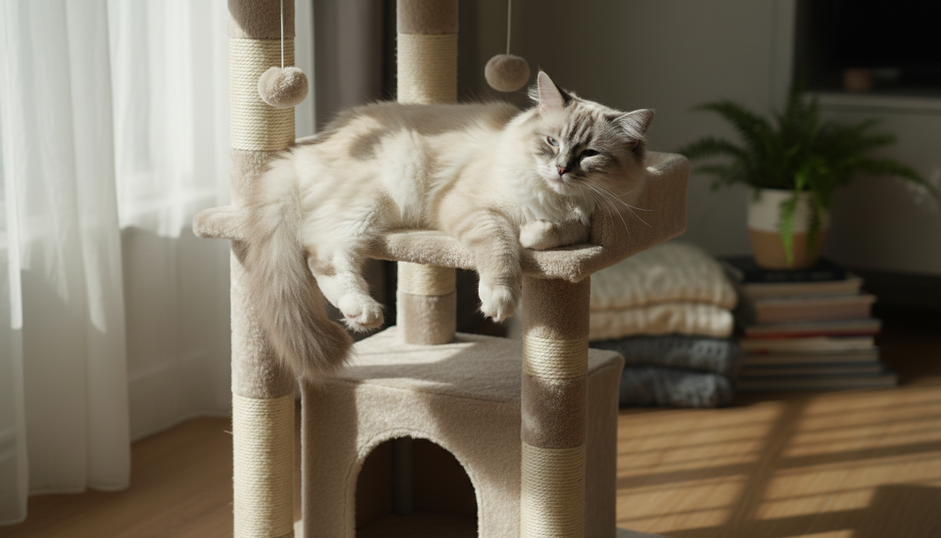 一隻布偶貓舒適地躺在貓樹上，享受牠的家居生活
