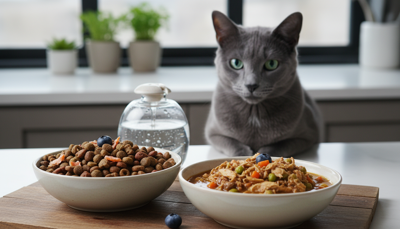 俄羅斯藍貓健康飲食的示例，包括乾糧和濕糧