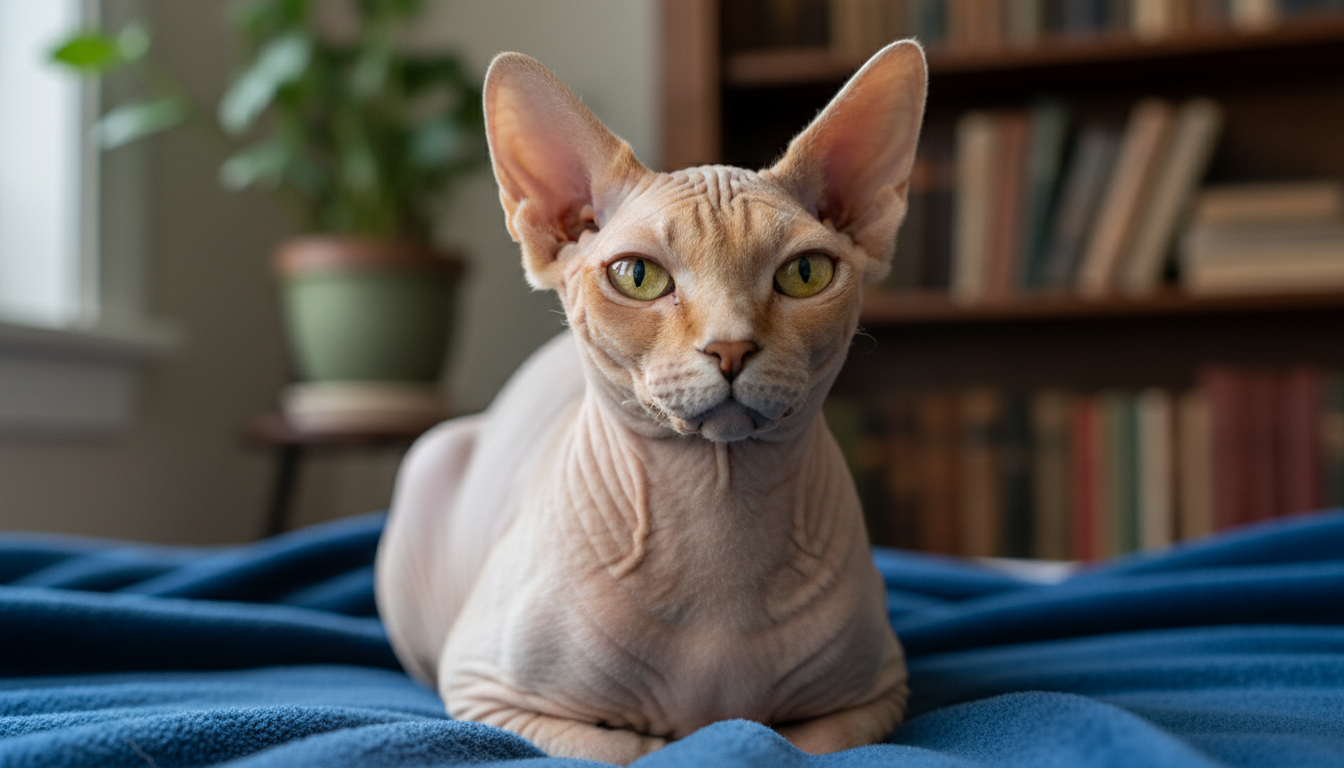 一隻典型的斯芬克斯貓，展示其獨特的無毛外觀和皮膚皺褶。