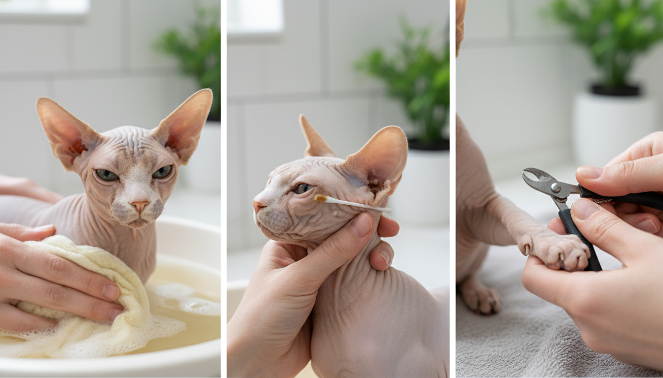 為斯芬克斯貓進行日常護理的正確方法，包括洗澡、耳朵清潔和指甲修剪。