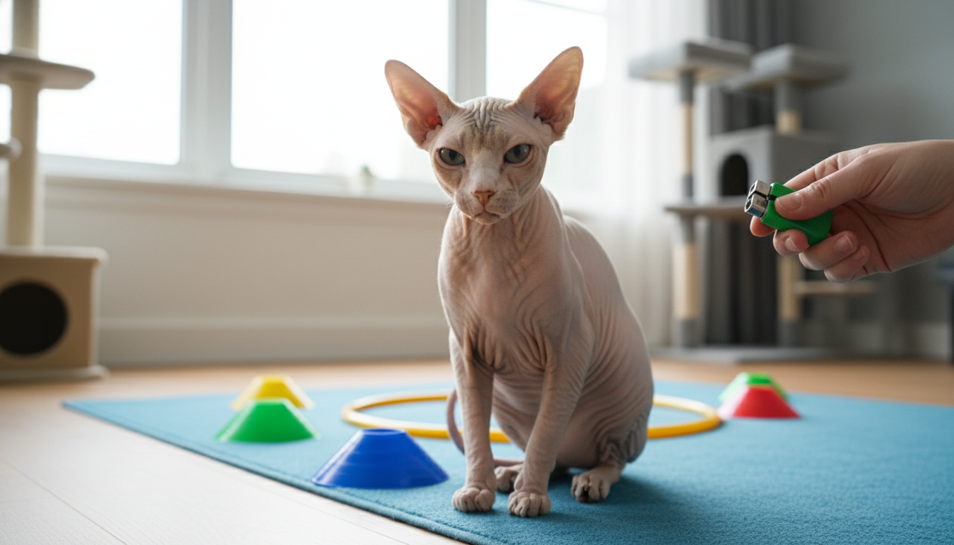 斯芬克斯貓在進行點擊器訓練，學習簡單的指令。