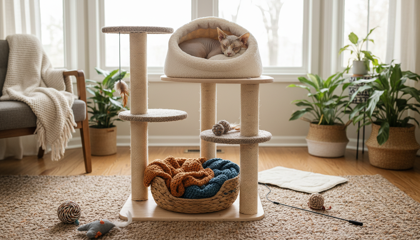適合斯芬克斯貓的理想家居環境設置，包括貓樹、溫暖的貓窩和玩具。