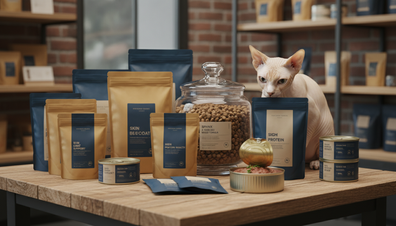各種高品質貓糧和濕糧的展示，強調斯芬克斯貓的飲食需求。