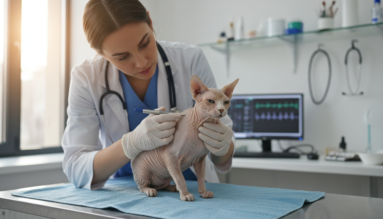 獸醫為斯芬克斯貓進行健康檢查，強調定期體檢的重要性。