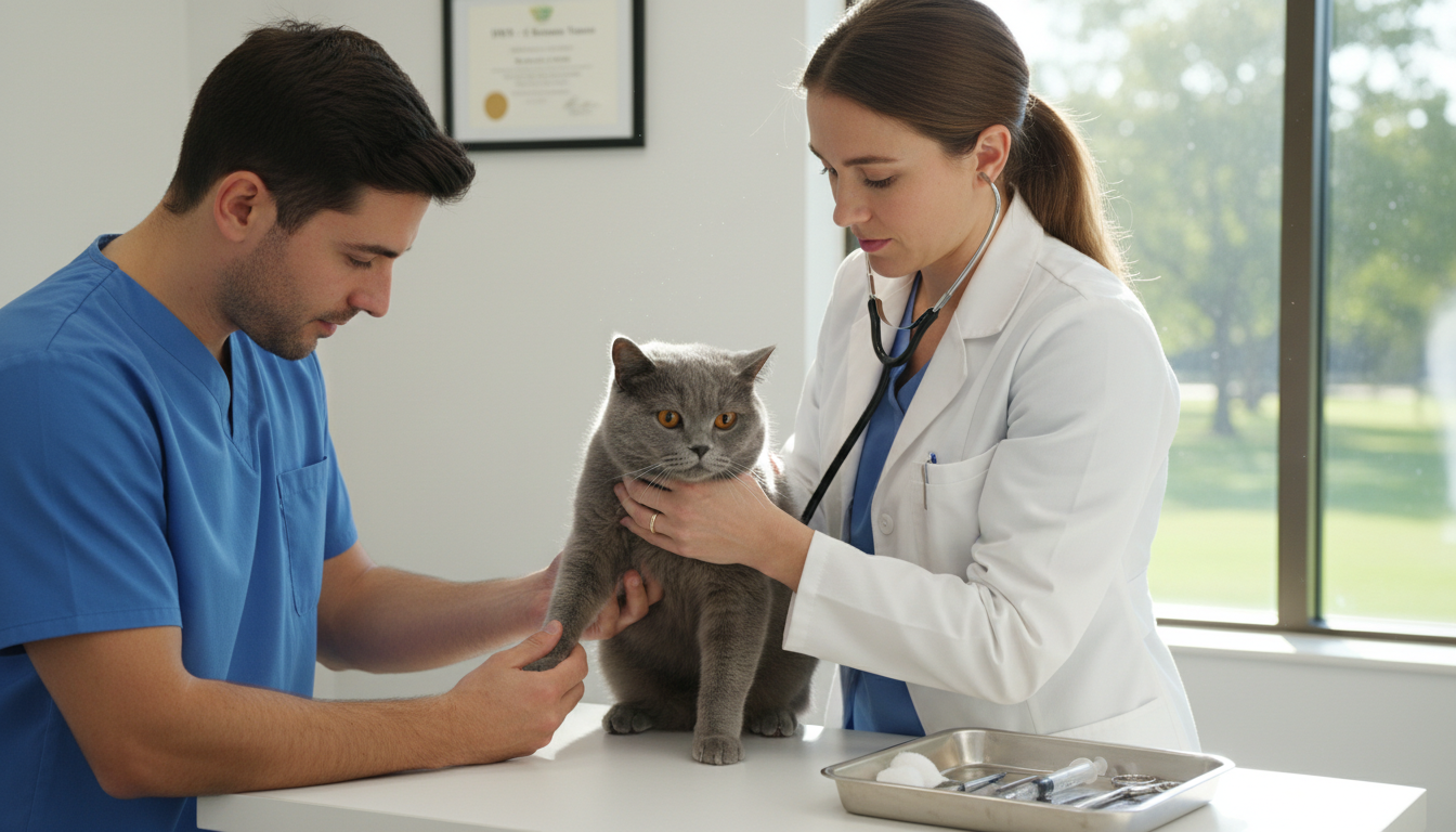 獸醫為英國短毛貓進行年度健康檢查
