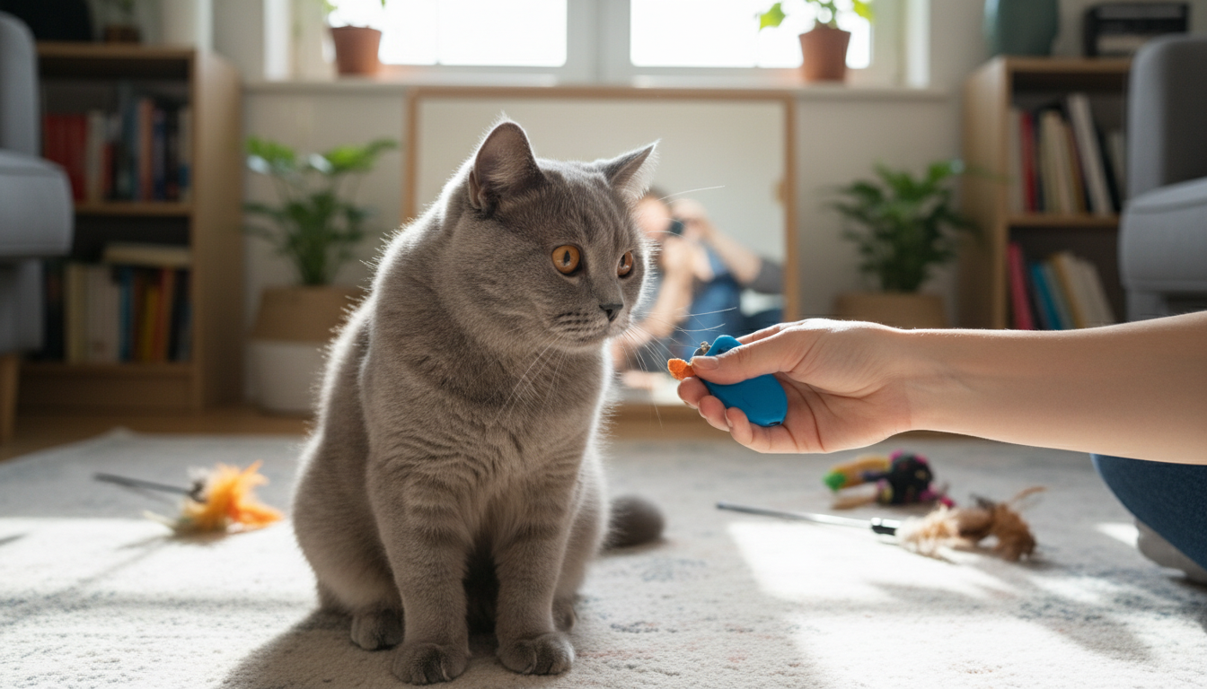 英國短毛貓進行響片訓練的場景