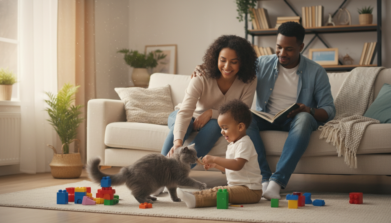 英國短毛貓與家人溫馨互動的場景