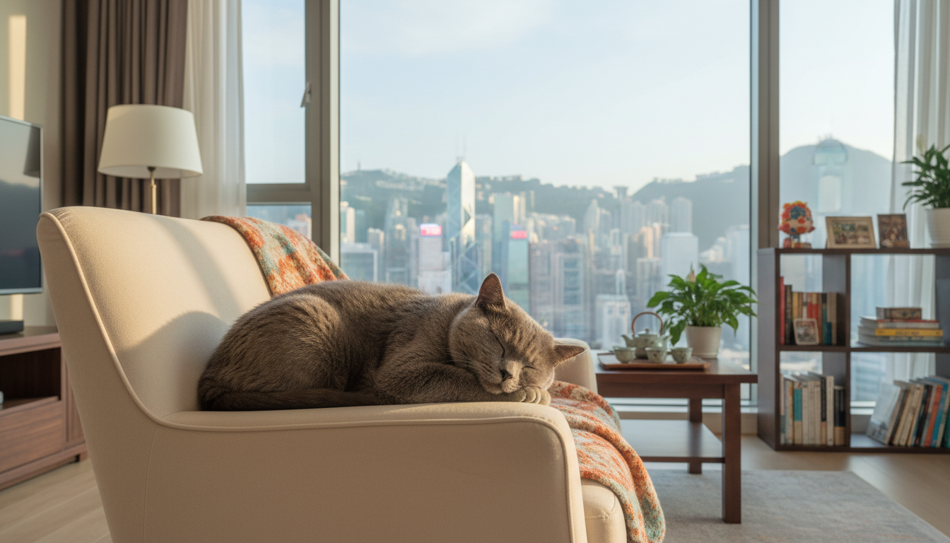 一隻英國短毛貓在香港舒適的家中休息