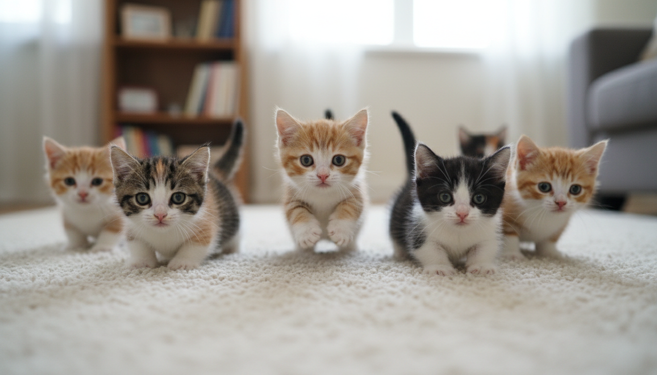 一群曼切堪貓幼貓展示其獨特的短腿特徵