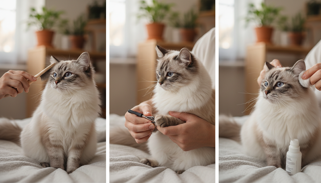 為峇里貓進行日常護理的正確方法，展示梳毛、剪指甲和清潔耳朵。