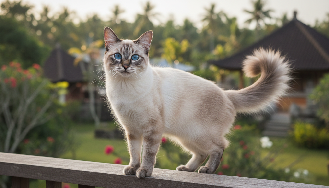 峇里貓的典型外觀特徵展示，包括其修長身形、藍色眼睛和蓬鬆尾巴。