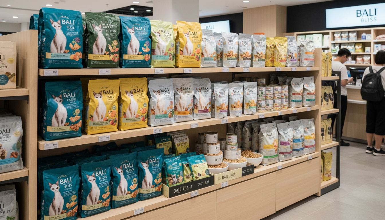 香港市場上多種峇里貓適用的乾糧和濕糧產品展示。