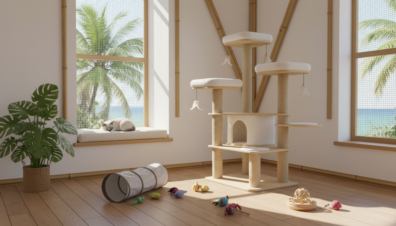 適合峇里貓的理想家居環境設置，包括貓爬架、安全窗戶和多種玩具。