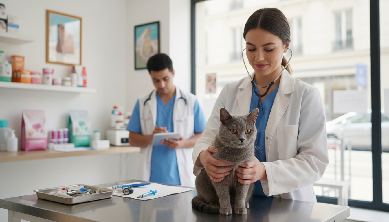 法國藍貓在獸醫診所接受健康檢查