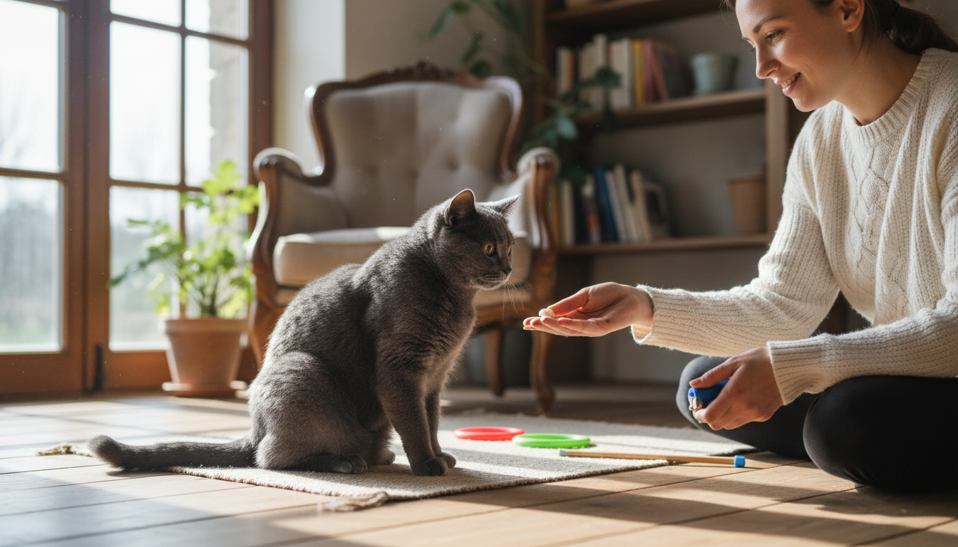 法國藍貓在進行簡單的訓練互動