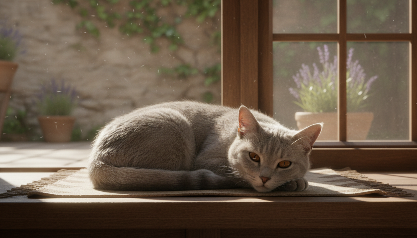 一隻法國藍貓在陽光下安詳地休息