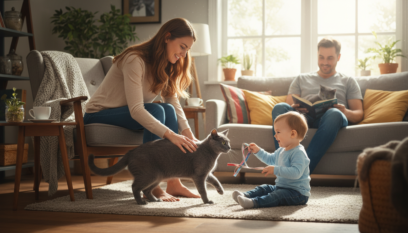 法國藍貓與家庭成員溫馨互動的場景