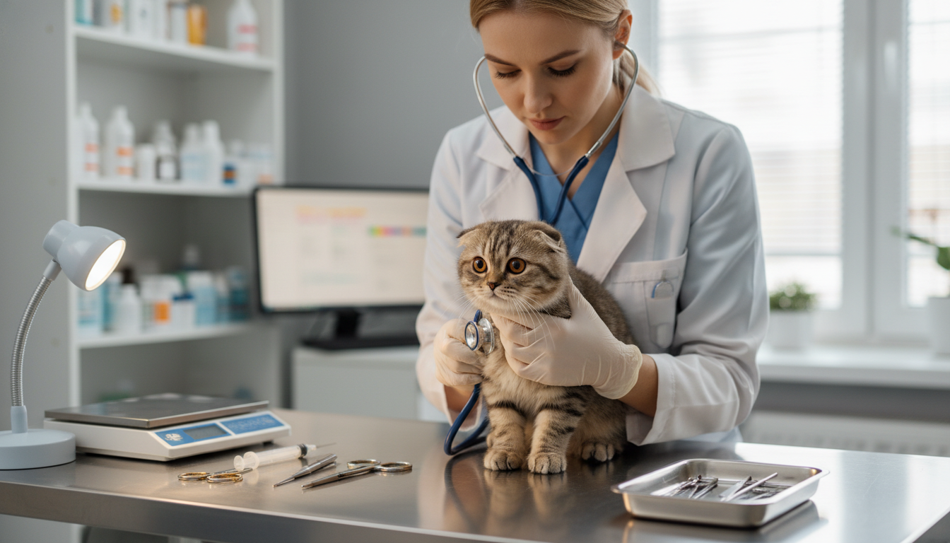 獸醫正在為蘇格蘭摺耳貓進行健康檢查