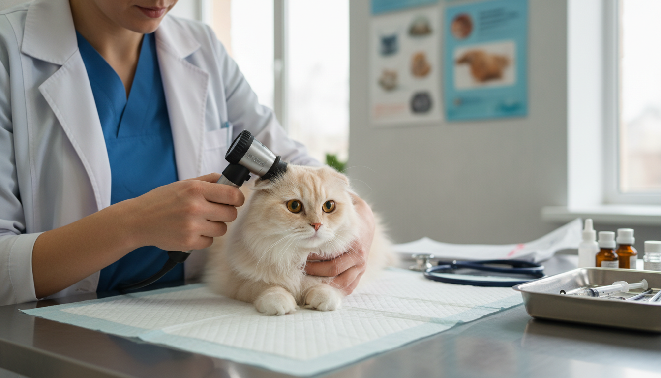獸醫為斯可特貓（高地摺耳）進行健康檢查