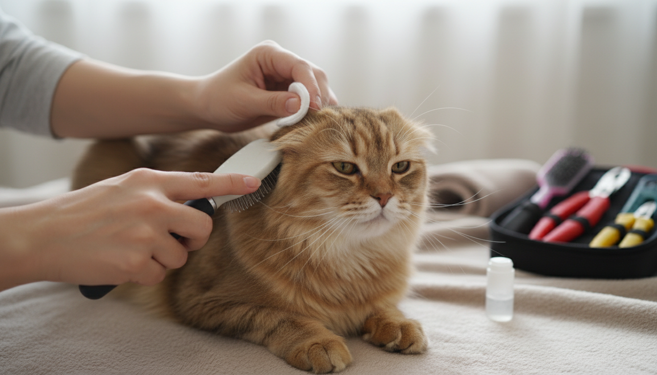 為斯可特貓（高地摺耳）進行日常護理的正確方法，包括梳毛和耳朵清潔