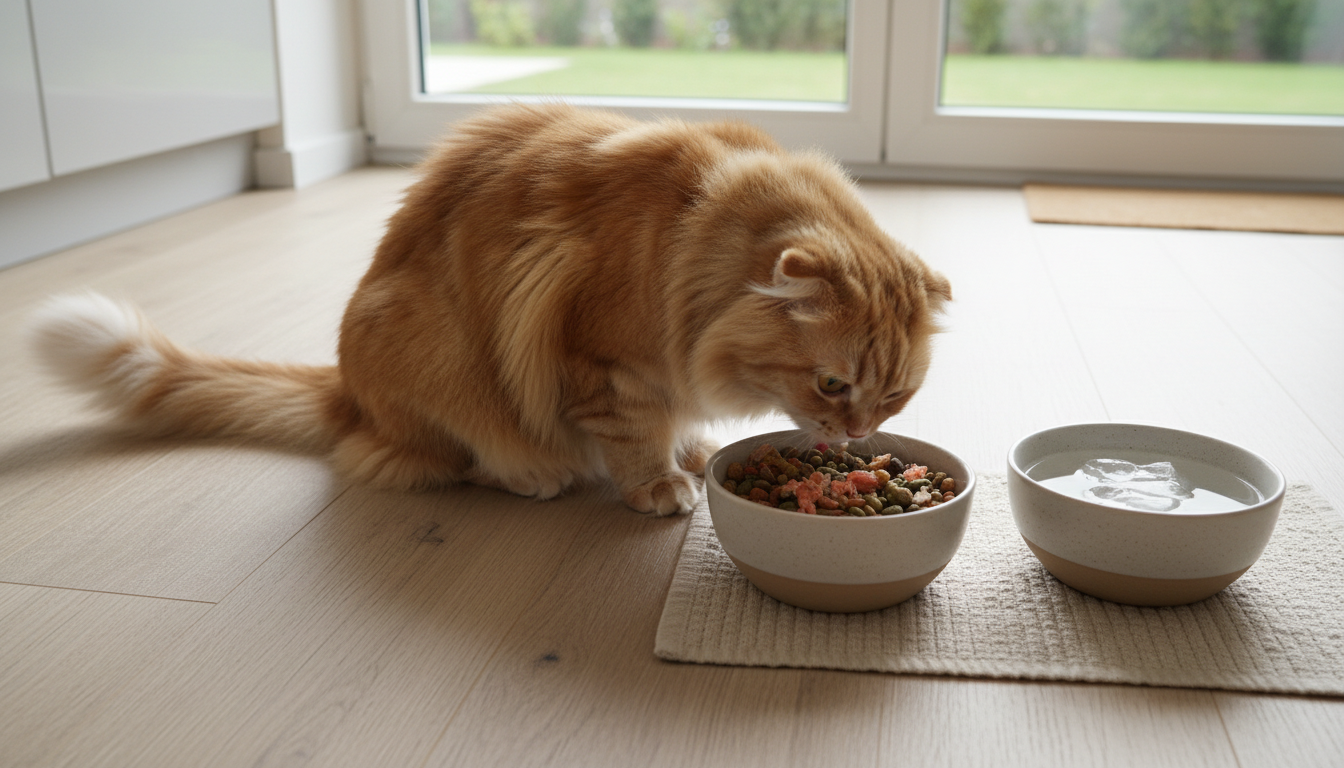 斯可特貓（高地摺耳）享用健康貓糧和飲用水