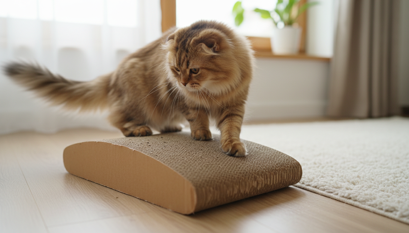 斯可特貓（高地摺耳）正在學習使用貓抓板