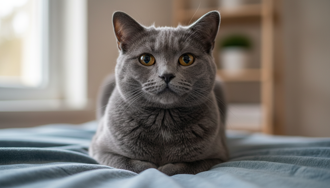 一隻典型的沙特爾貓，展示其藍灰色毛髮和溫和的表情