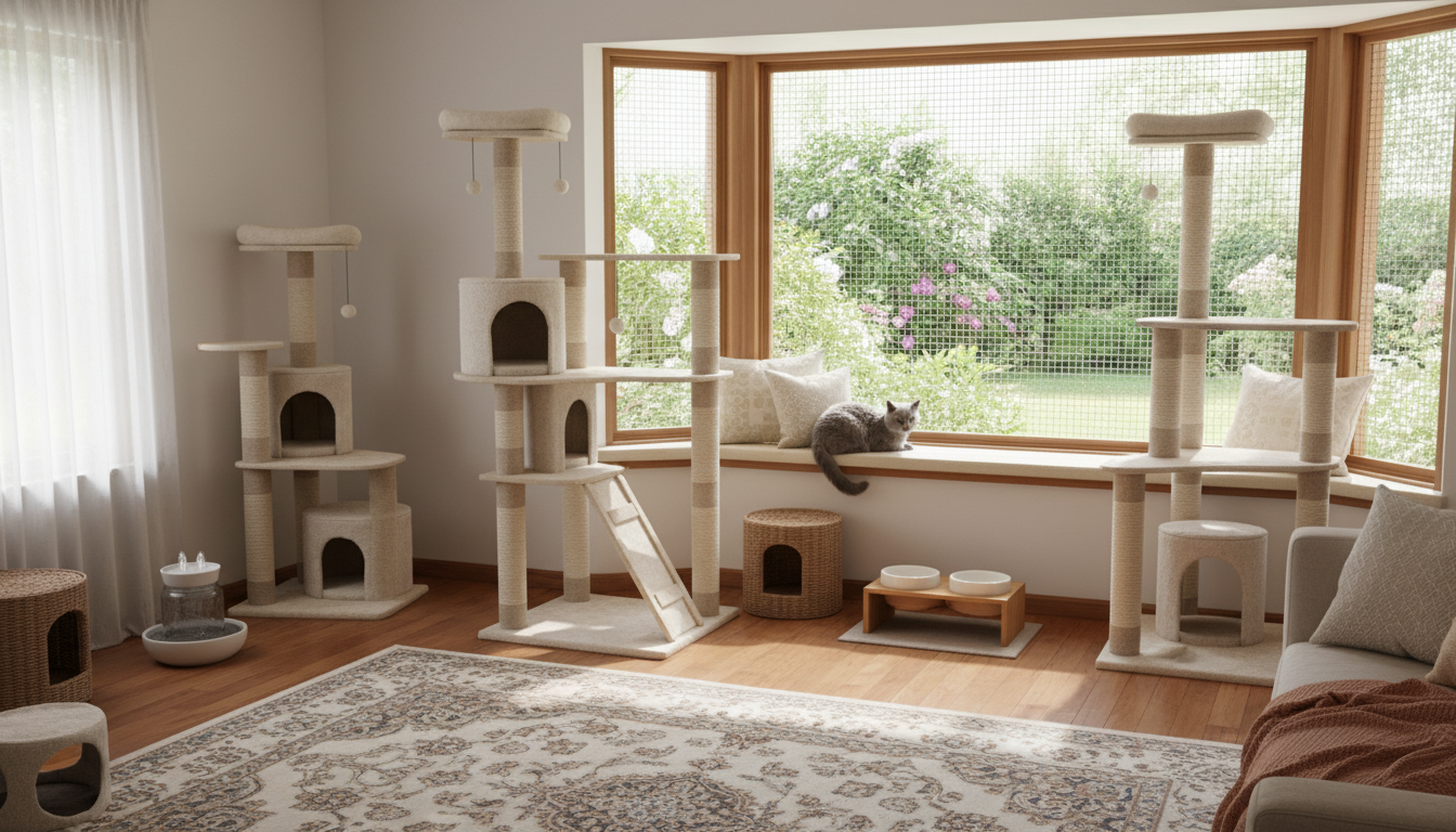 適合沙特爾貓的理想家居環境設置，包括貓樹和安全窗戶