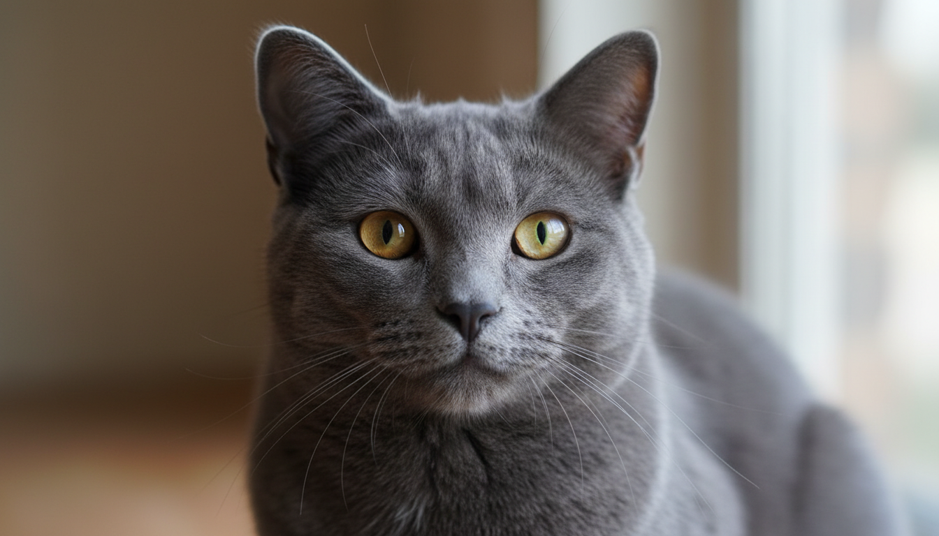 沙特爾貓的典型外觀特徵展示，包括藍灰色毛髮、金色眼睛和倒梯形頭部