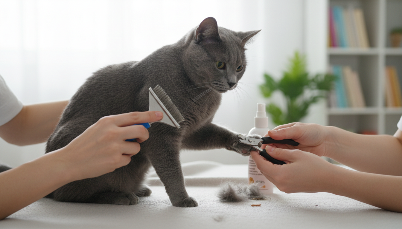 為沙特爾貓進行日常護理的正確方法，包括梳毛和指甲修剪